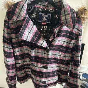 PINK Victoria's Secret Plaid Coat with Faux Fur